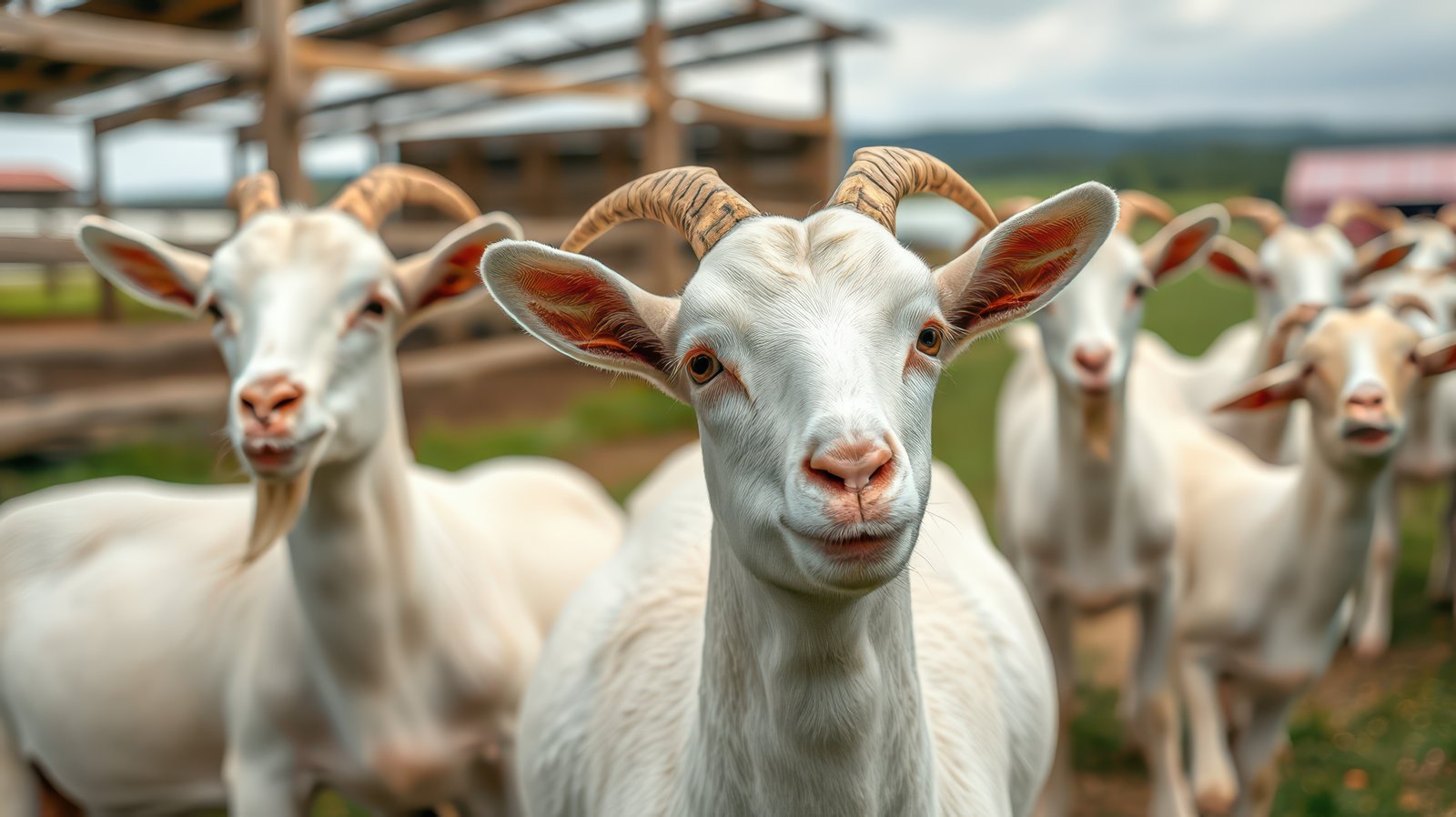 Group of goats grazing in a verdant pasture on a calm afternoon at a rural farm
